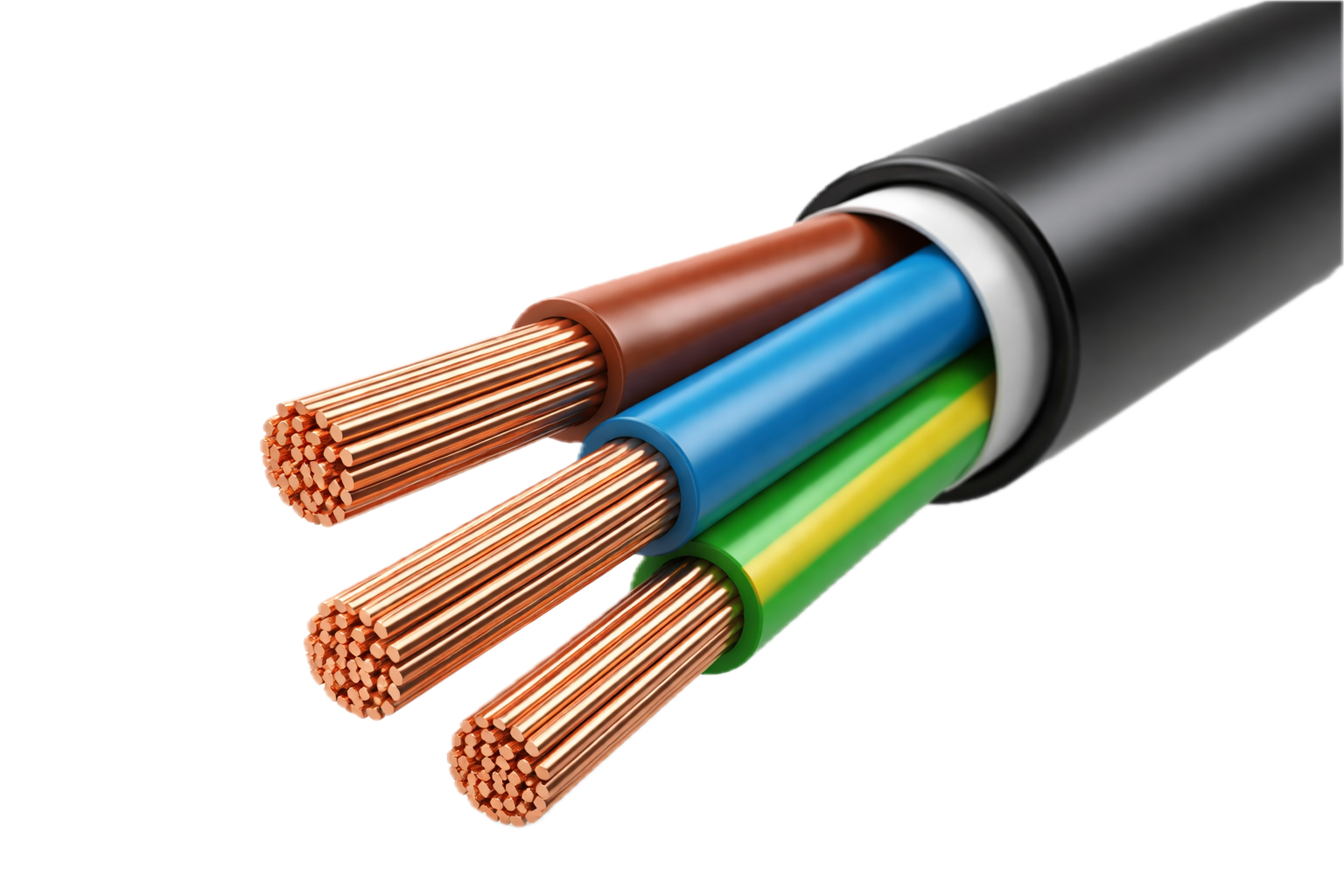 Electrical cable cross-section showing insulated cores and copper conductors